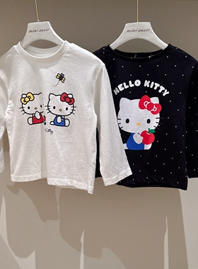 100-140韩系女童两色胶印卡通猫咪套头长袖T恤