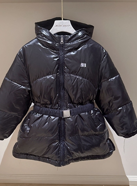 110-150韩系女童贝家双面穿纯色连帽腰带中长款保暖羽绒服