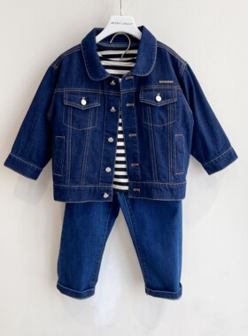 110-155韩系男女童深蓝色刺绣口袋松紧腰微弹牛仔长裤