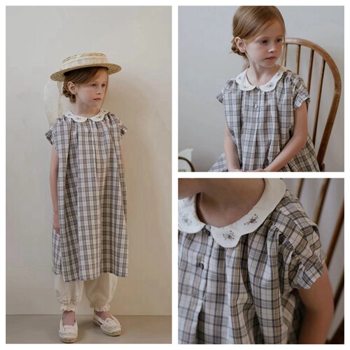 110-150韩系高端女童格子刺绣花朵翻领单层薄款宽松版连衣裙