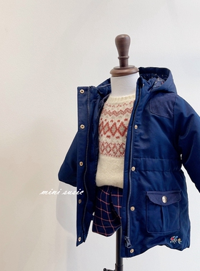 2-11法系女童藏蓝色 拼接刺绣花朵夹棉两件套棉衣 棉服外套