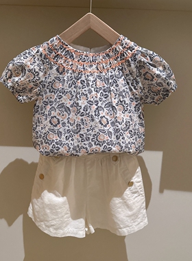 3-11法系女童印花金丝条纹纯棉泡泡袖短袖上衣衬衣