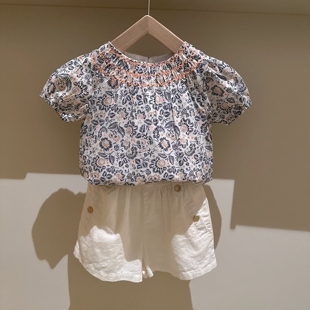 3-11法系女童印花金丝条纹纯棉泡泡袖短袖上衣衬衣