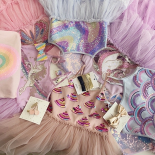 女童亮片刺绣网纱拼接可调节肩带度假吊带裙 8澳新款