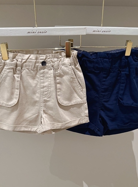 1-14北欧女童纯棉两色贴布口袋宽松紧腰短裤