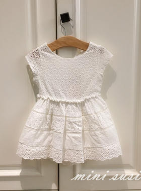 1-8女童白色刺绣镂空露背纯棉短袖连衣裙