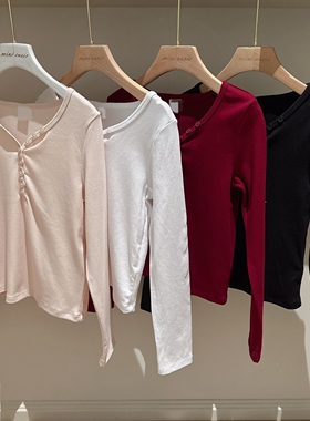 9-15出口女童四色纽扣V领纯色长袖T恤打底衫