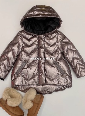 特价3-14轻奢女童暗灰香槟色亮面羽绒服外套