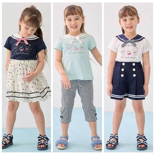 110-160日系女童AF三色可拆卸海军风领子卡通印花泡泡袖短袖T恤