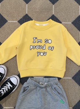 100-145韩系潮童RJ男女童刺绣白字母毛圈套头卫衣