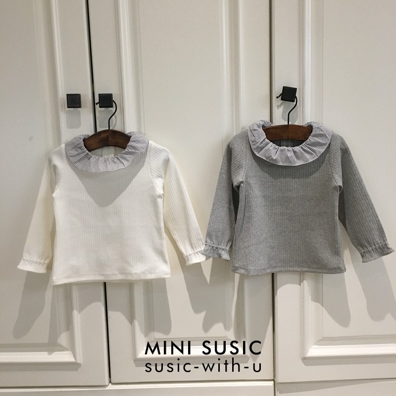 韩国童装女童坑条小格子荷叶领长袖T恤 打底衫,童装/婴儿装/亲子装,T恤,淘宝优惠券,粉丝福利购,淘宝优惠卷