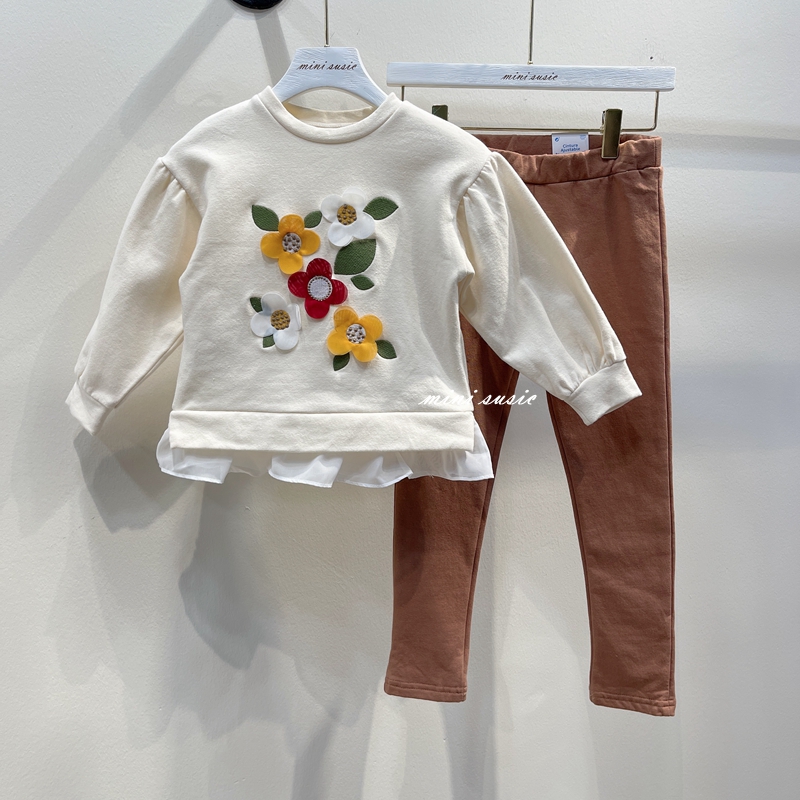 西班牙女童立体花朵泡泡袖套装