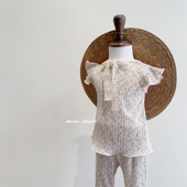 自留100 分 九分裤 145韩系高端童装 女童碎花褶皱垂感小飞肩上衣