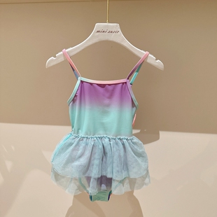 13彩色晕染可调节吊带网纱裙摆连体泳衣