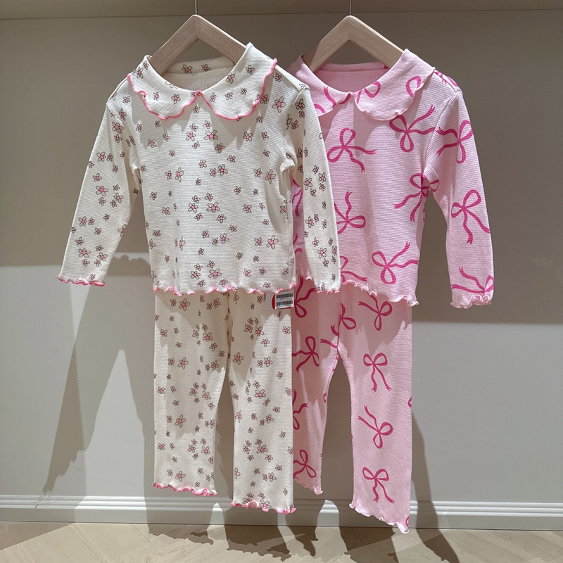 100-150韩系女童纯棉细华夫格两色翻领满印碎花蝴蝶机家居服套装
