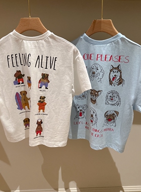 80-140日系男女童两色刺绣小狗字母短袖T恤