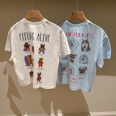 80-140日系男女童两色刺绣小狗字母短袖T恤