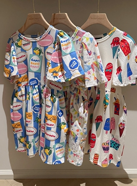 5-10澳潮童三色印花大飞袖短袖连衣裙