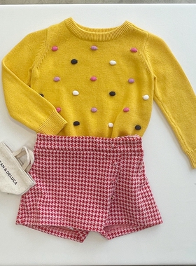 1-5女童黄色棉线彩色毛球圆领针织衫毛衣