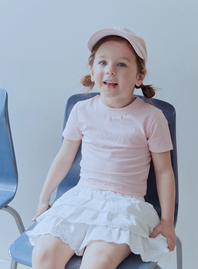 100-145韩系潮童RJ女童粉色白字母短款修身套头短袖T