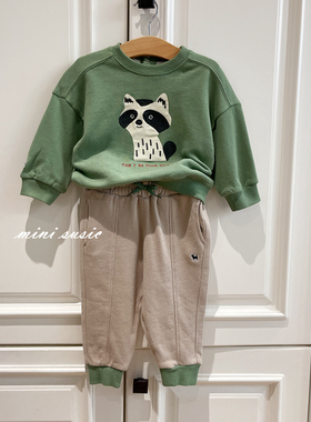 90-150韩国童装男女童浅卡其拼绿色毛圈收脚口长裤运动裤