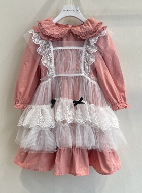 110-150韩系女童白色网纱拼接蕾丝无袖背心短裙罩裙