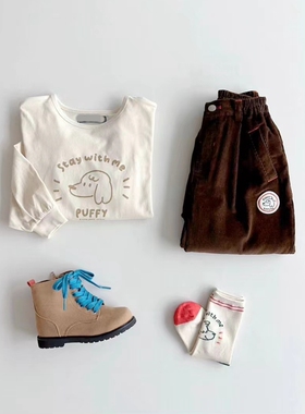 自留100-145韩系潮童RJ男女童米灰色卡通小狗长袖T恤