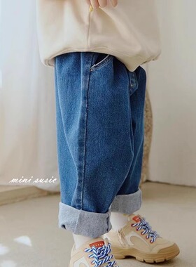 包邮100-145韩系潮童RJ男女童内里磨毛宽松版牛仔裤