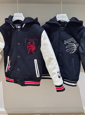 120-150男女童可拆卸帽子拼接pu袖子夹棉夹克棒球服外套