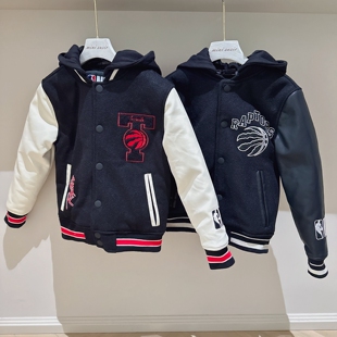 120-150男女童可拆卸帽子拼接pu袖子夹棉夹克棒球服外套