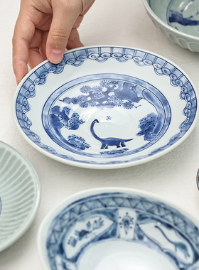 日本进口AWASAKA江户恐龙系列茶杯饭碗手作陶瓷釉下彩餐盘餐具