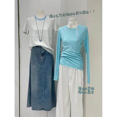 1805闰熙runxi正品卷边纸片人水蓝长袖T恤打底衫女26春夏防晒衫女