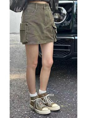 诗歌兰女装2025早秋新款 93060复古街头美式高腰半裙口袋工装裙女