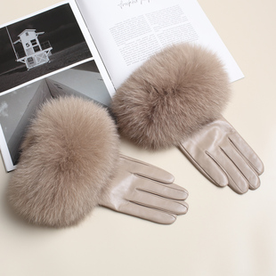 进口小山羊皮真皮手套女韩版超大真狐狸毛加绒冬季保暖骑行可触屏