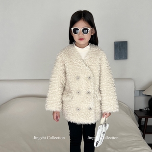 韩版2025秋冬潮款女童羊毛真毛皮草西装大衣HN大V领卷毛托卡外套