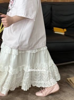 韩版2026春季新品女童白色裙子长裙韩系儿童 拼接荷叶边半身裙