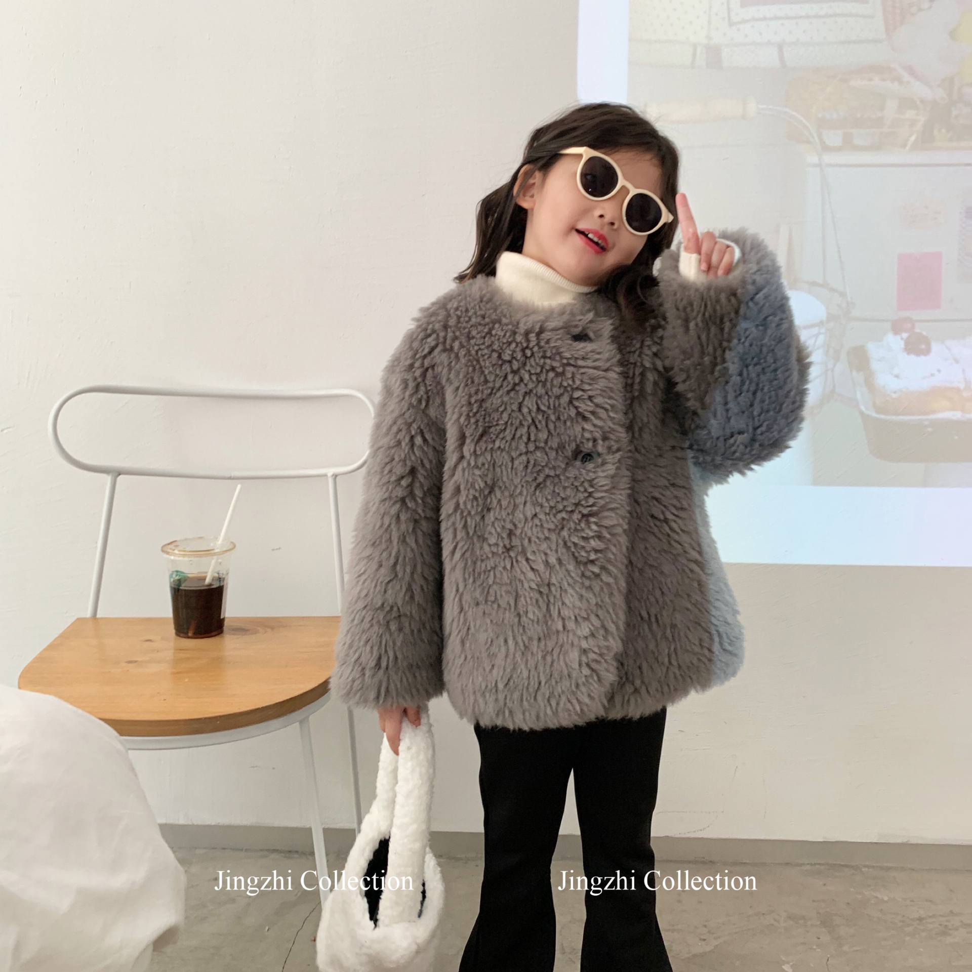 2025包邮韩国女童冬季全羊毛短款大衣加厚皮草HN纯色全毛外套