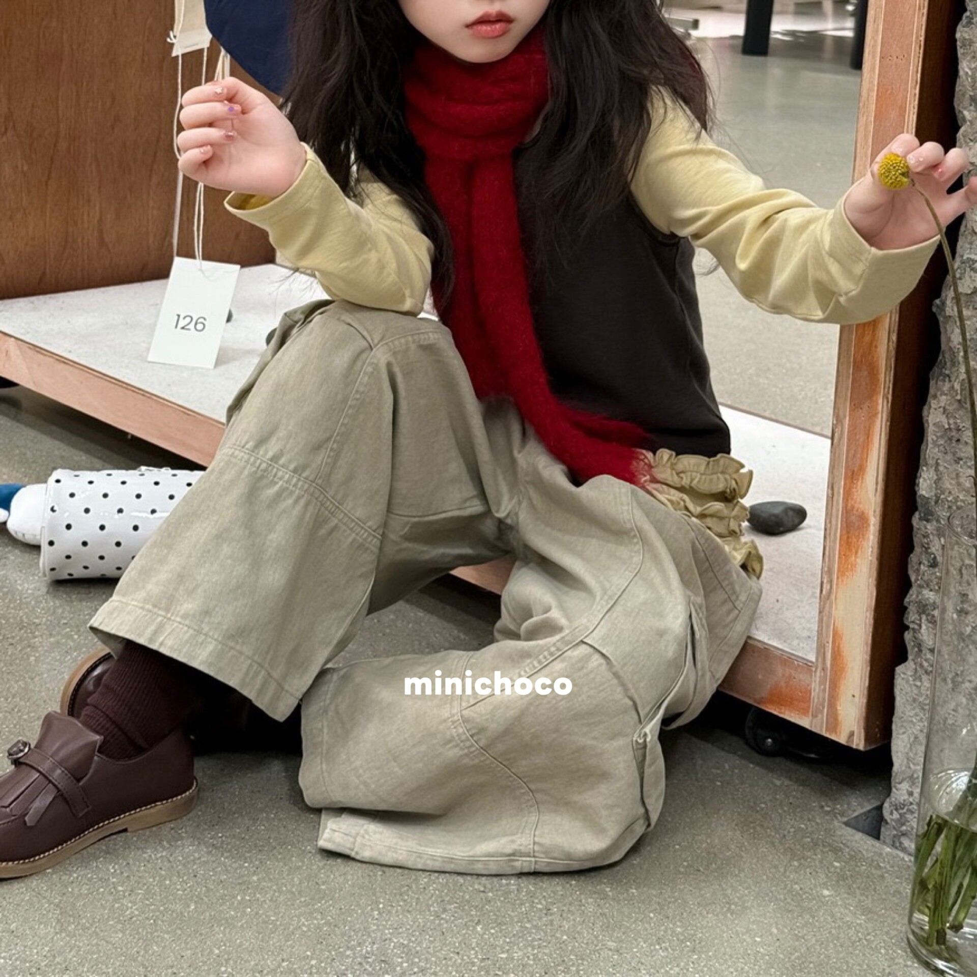 minichoco秋季韩版女童长裤卡其色宽松休闲 复古工装裤