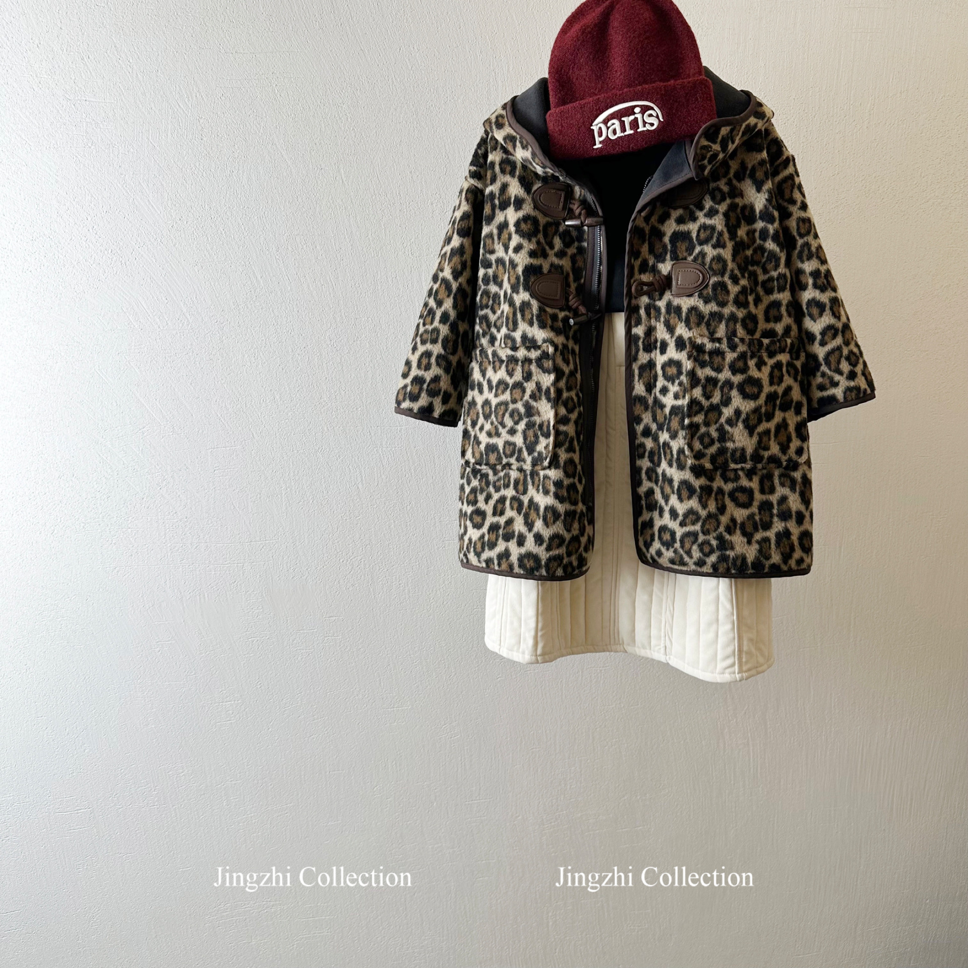 韩版冬季儿童长款加绒外套戴帽复古 豹纹一体绒大衣