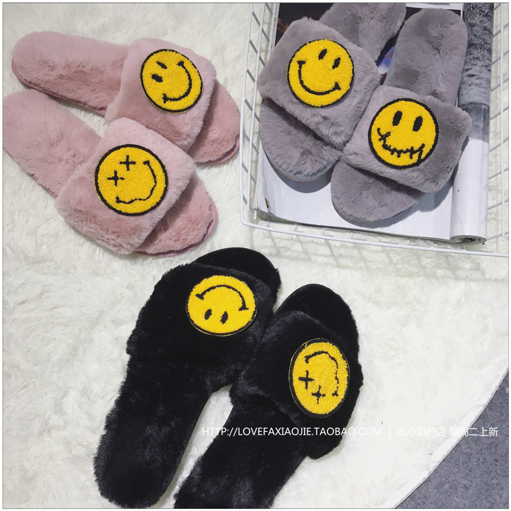 韓國秋冬潮笑臉拖鞋時尚仿羊毛毛絨絨保暖壹字防滑外穿平底涼拖女在類目 女鞋, 拖鞋中 - 來自Buy2taobao.com提供專業的淘寶代購服務