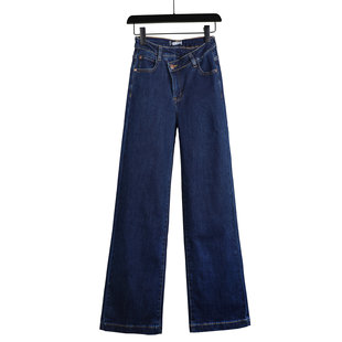 秋冬新深色斜门襟收腹显瘦阔腿裤 子 宽松纯色高腰常规加长牛仔长裤