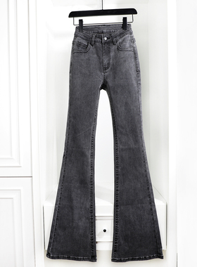 2026春夏新款高腰显瘦显高灰色后袋盖提臀加长牛仔裤大喇叭裤