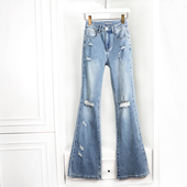 阔腿破洞青春大喇叭显瘦加长牛仔裤 2026新款 蓝色水洗磨破洞修身