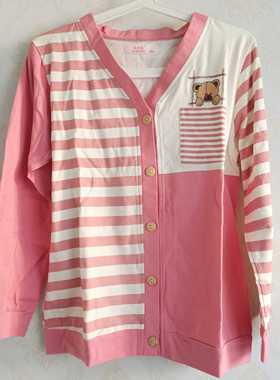 小熊维尼开衫2020春款 韩版学院女装V领百搭条纹毛衣外套棉