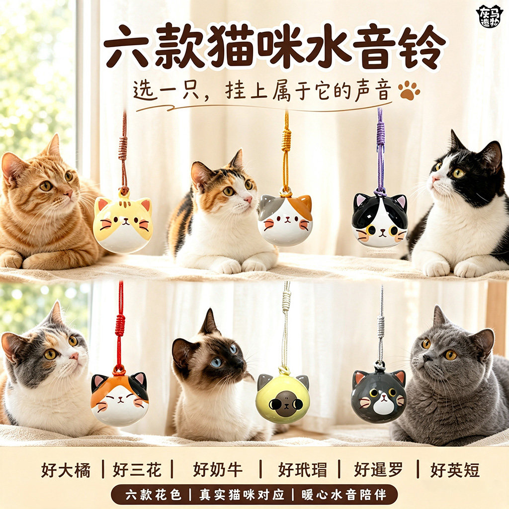 水音铃铛挂件可爱卡通猫猫头原创设计钥匙扣手机背包饰品生日礼物
