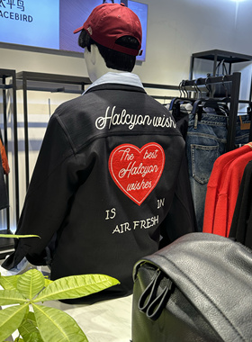 B2CHF1112 太平鸟男装2025春季新款黑色桃心刺绣牛仔宽松外穿衬衫