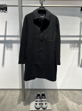 B1AAE4208 太平鸟男装冬新款黑色时尚休闲宽松绵羊毛翻领长款大衣