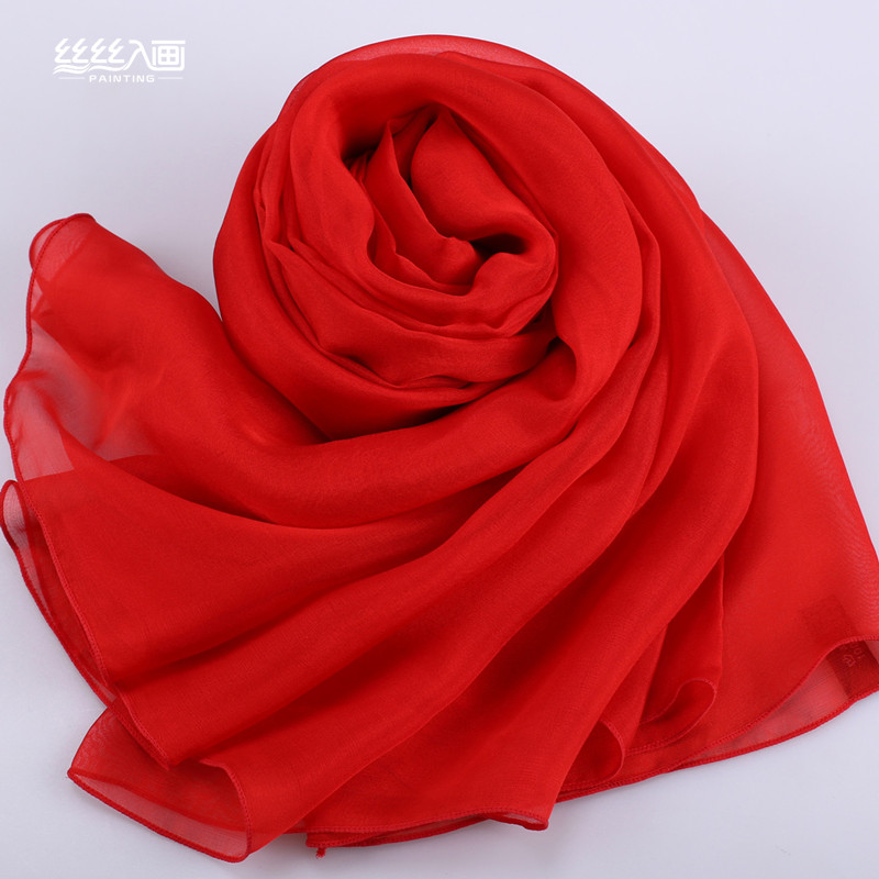 正品本命年大红色桑蚕丝巾秋冬季真丝围巾女纯色新娘婚纱婚庆披肩