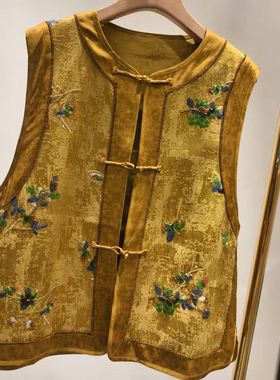 62289早秋新款人丝亮片女装无袖马甲上衣新中式国风复古南油高定
