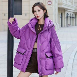 70冬新款针织连帽女装中款加厚90白鸭绒羽绒服外套时尚显瘦宽松